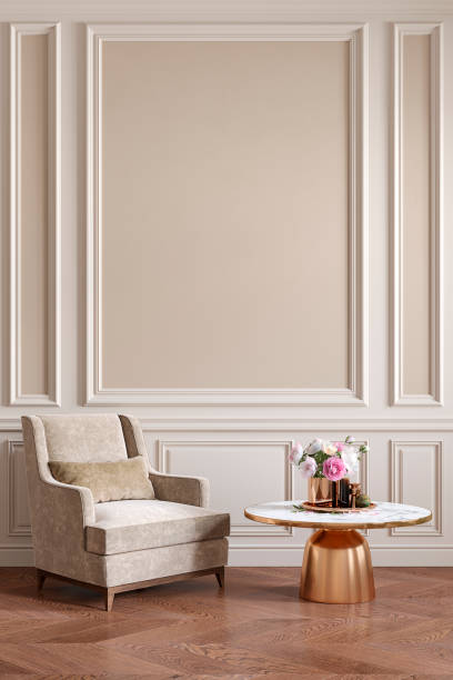istock Classic beige interior with armchair, coffee table, flowers and wall moldings. 3d render illustration mockup. 1203339442