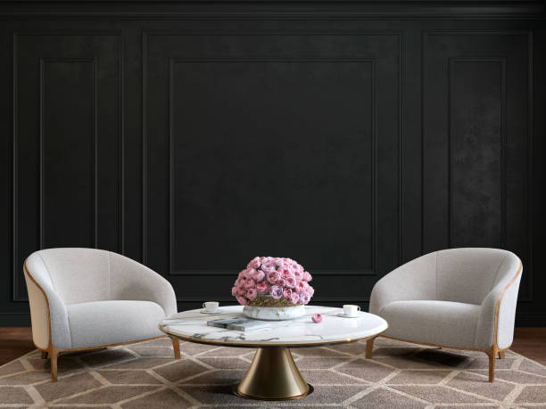 istock Classic black interior with armchairs, coffee table, flowers and wall moldings. 3d render illustration mockup. 1203339485