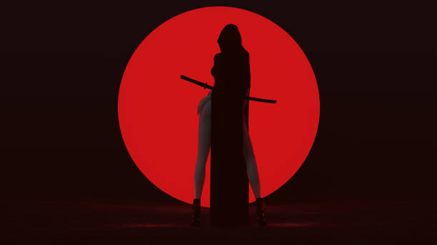 istock Black Vampire Devil Woman Standing In a High Split Dress and face Mask Abstract Demon Rear View 1203341629