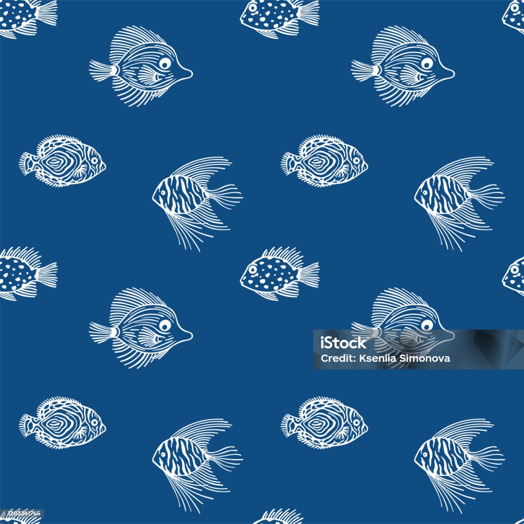 Fish Pattern Blue Background Seamless Pattern With Fish On Classic Blue Background Color Is Classic ...