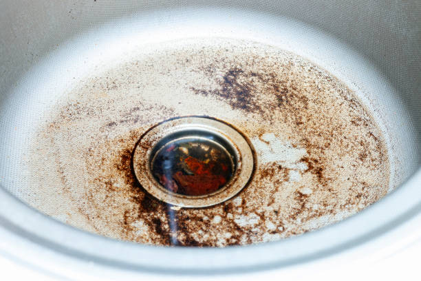 istock Stainless steel sink plug hole close up 1203346711