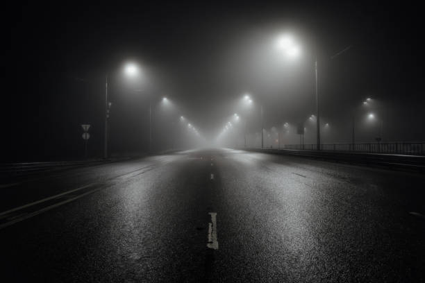 istock Foggy misty night road illuminated by street lights 1203349821