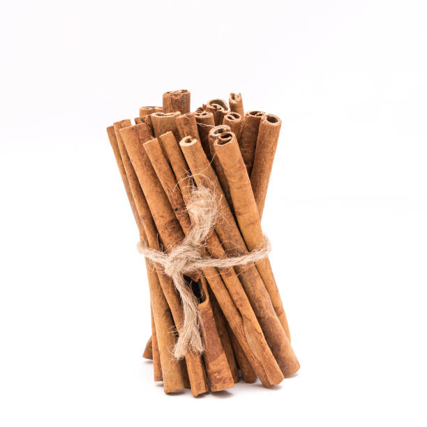 istock Studio shot pile of cinnamon sticks tied with jute string isolated on white 1203350677