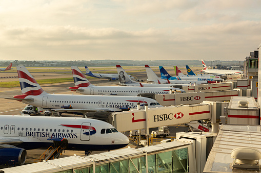London Gatwick airport, UK - December 29, 2019: British Airways jet at Gatwick airport with other airliners in the background