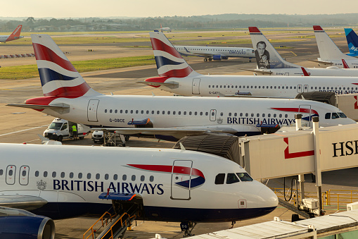 London Gatwick airport, UK - December 29, 2019: British Airways jet at Gatwick airport with other airliners in the background