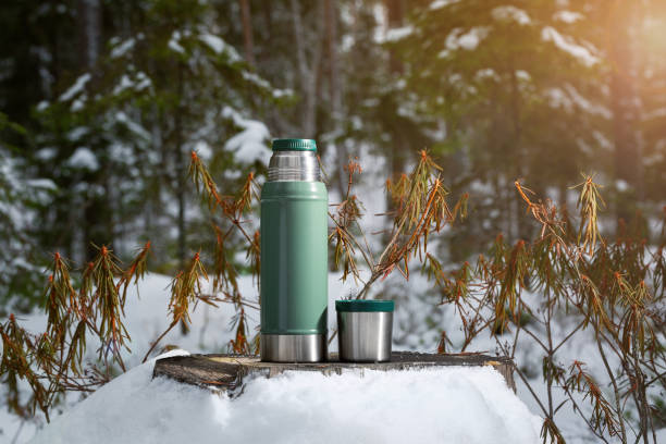 istock A green thermos stands on an old stump in the forest. 1203353175