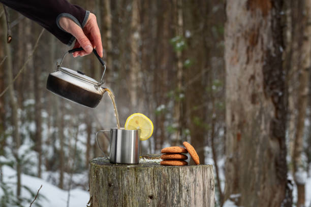 istock A man pours tea in the forest. 1203353289