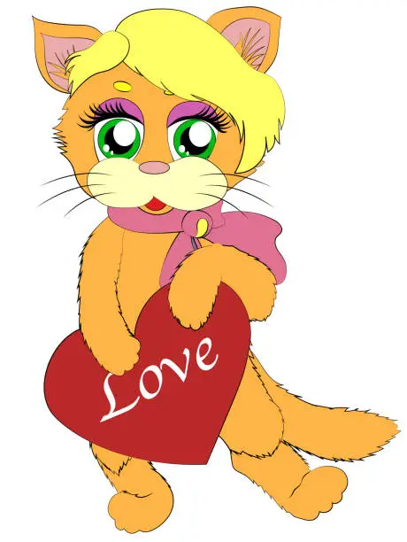 Vector illustration of Vector character cat. Lovely kitten with heart.