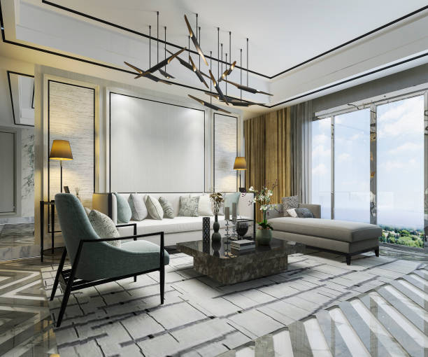 istock 3d rendering luxury classic wall in living room with sofa and chandelier 1203355956