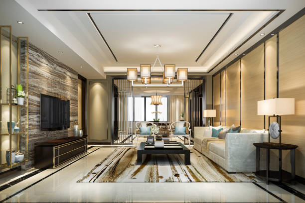 istock 3d rendering luxury and modern living room and dining room chinese style 1203355973
