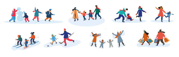 ilustraciones, imágenes clip art, dibujos animados e iconos de stock de conjunto de ocho actividades familiares diferentes en invierno - tobogganing vector winter snow