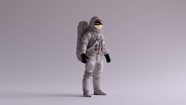 istock Astronaut with Gold Visor and White Spacesuit With Light Grey Background with Neutral Diffused Side Lighting 3 Quarter Right 1203361631