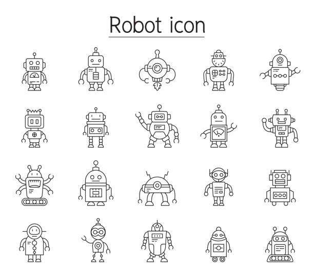 ilustrações de stock, clip art, desenhos animados e ícones de robot icon set in thin line style - robotic surgery