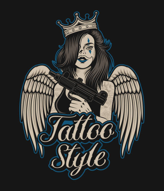 ilustraciones, imágenes clip art, dibujos animados e iconos de stock de ilustración coloreada de una chica con un arma - tattoo gun