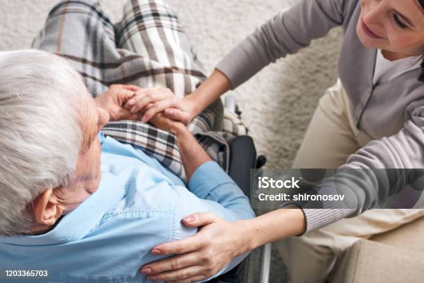Junge Unterstützende Betreuerin Sitzt Bei Einem Älteren Im Rollstuhl Stockfoto und mehr Bilder von Häusliche Pflege