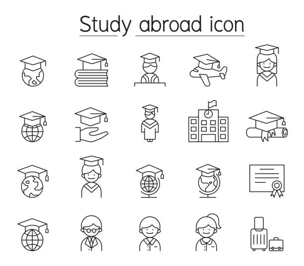 ilustrações de stock, clip art, desenhos animados e ícones de study abroad icon set in thin line style - graduation adult student mortar board diploma