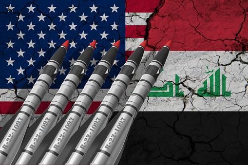Flag of US and Iraq on Textured Cracked Earth. The concept of cooperation between the two countries