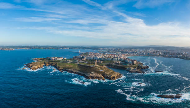 Aerial view of A Coruna coastal city and Hercules tower, Galicia Aerial view of A Coruna coastal city and Hercules tower, Galicia, Spain a coruna province stock pictures, royalty-free photos & images