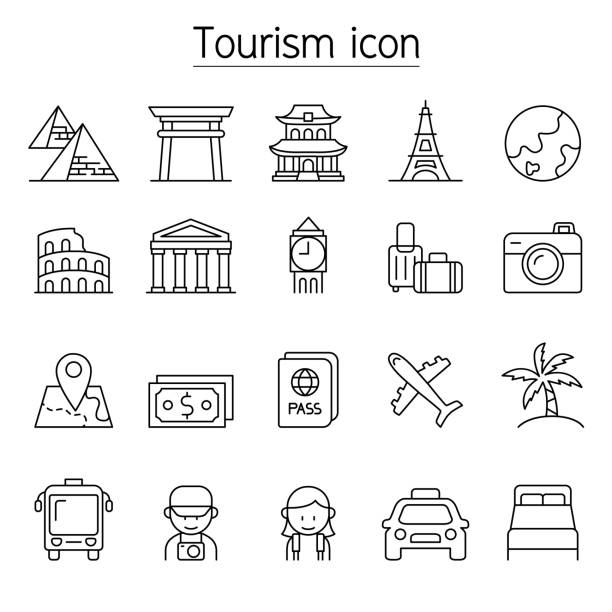 illustrazioni stock, clip art, cartoni animati e icone di tendenza di icona turismo & landmark impostata in stile linea sottile - autobus italy