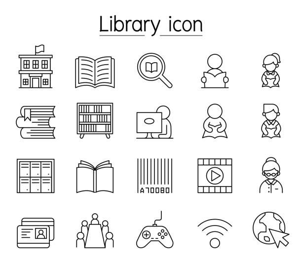 ilustraciones, imágenes clip art, dibujos animados e iconos de stock de icono de biblioteca establecido en estilo de línea delgada - librarian