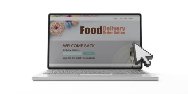 istock Food delivery order online app on computer display isolated against white background. 3d illustration 1203370513