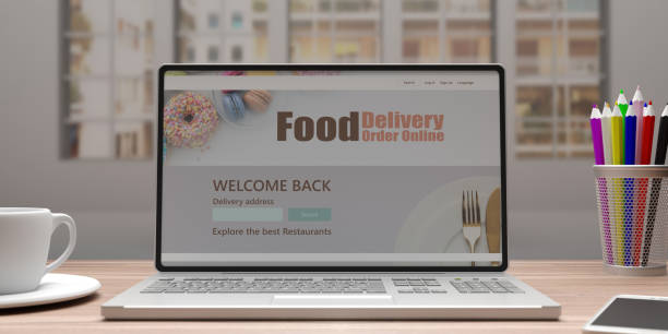istock Food delivery order online app on computer display, blur office background. 3d illustration 1203370565