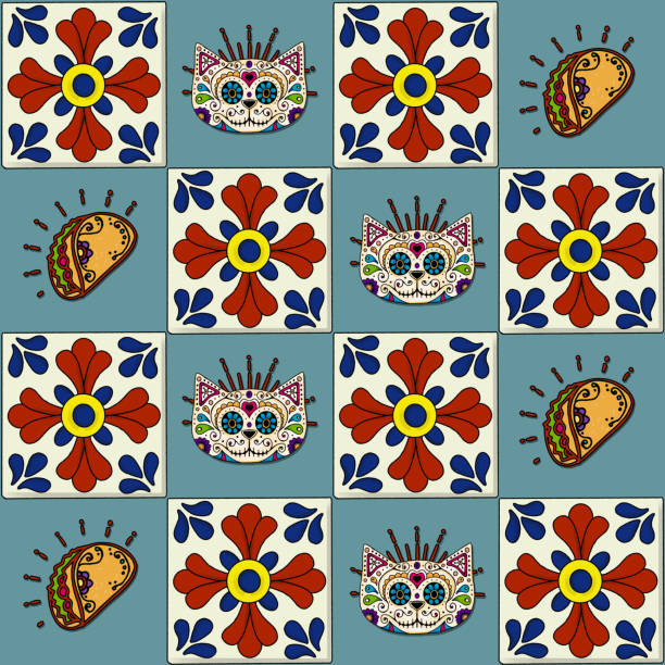 istock Mexican day of the dead cat and tacos tile pattern design 1203370951
