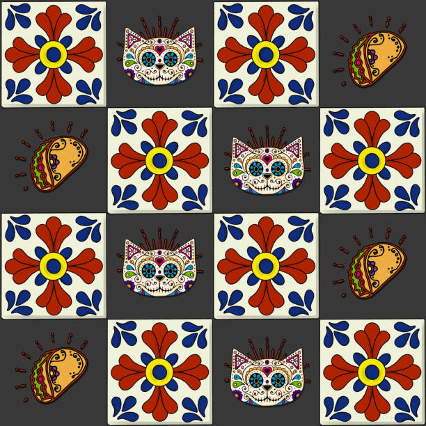 istock Mexican day of the dead cat and tacos tile pattern design 1203370972