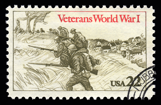 USA vintage postage stamp showing an engraved image of veterans of World War One