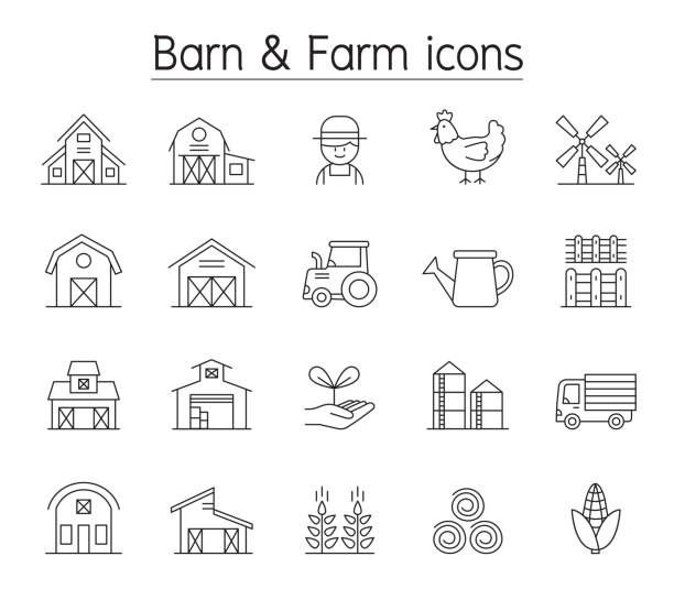 ilustraciones, imágenes clip art, dibujos animados e iconos de stock de icono de granero & granja en estilo liina fina - casa rural