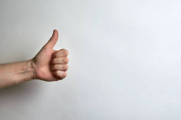 istock Thumb male left hand on a white background with place for text. Like, approval, cool, compliment 1203375938