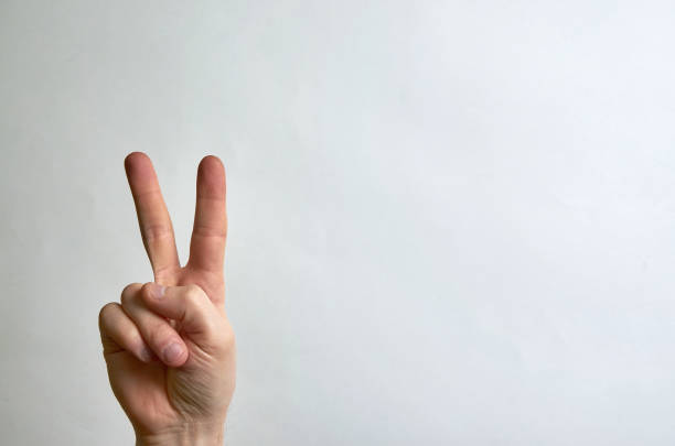 istock Two fingers up on the hand, peace symbol on a white background with a sweep for text 1203375975