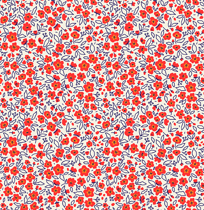 Simple cute pattern in small red flowers on white background. Liberty style. Ditsy print. Floral seamless background. The elegant the template for fashion prints.