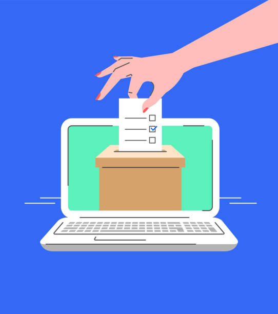 ilustrações de stock, clip art, desenhos animados e ícones de electronic voting by computer online flat concept - interface icons election voting usa