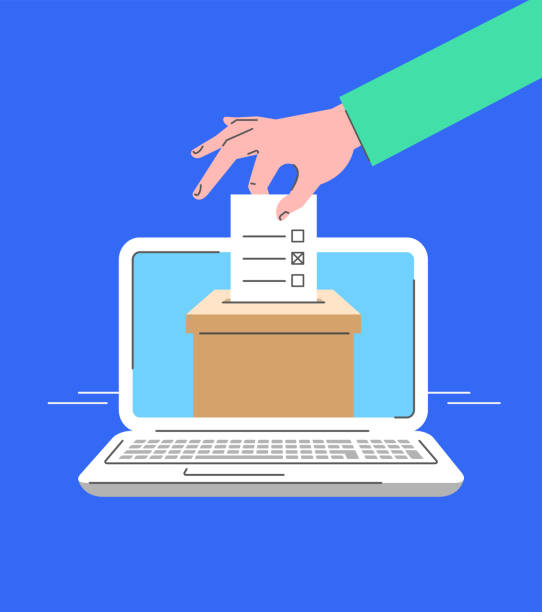 illustrations, cliparts, dessins animés et icônes de vote électronique par ordinateur en ligne concept plat - voting election symbol computer icon