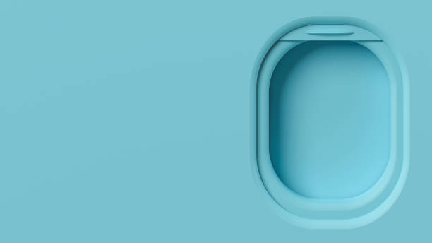 airplane window mockup, travel vacation 3d illustration. minimalist plastic pastel scene with space for text, plane window design. inside airplane interior element, copy space background, sky aircraft - airplane porthole imagens e fotografias de stock