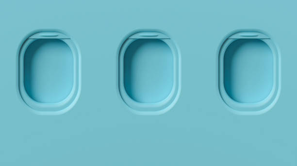 Airplane windows concept, pastel 3d illustration. Blue background, plane illuminators front view, travel minimalist interior. Cabin inside concept, tourism background. Porthole flight window.