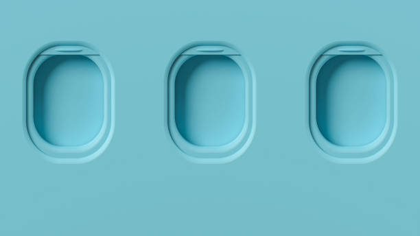 концепция окон самолета, пастельная 3d иллюстрация. синий фон, плоскости иллюминаторов спереди, путешествия минималистский интерьер. кабин� - porthole стоковые фото и изображения