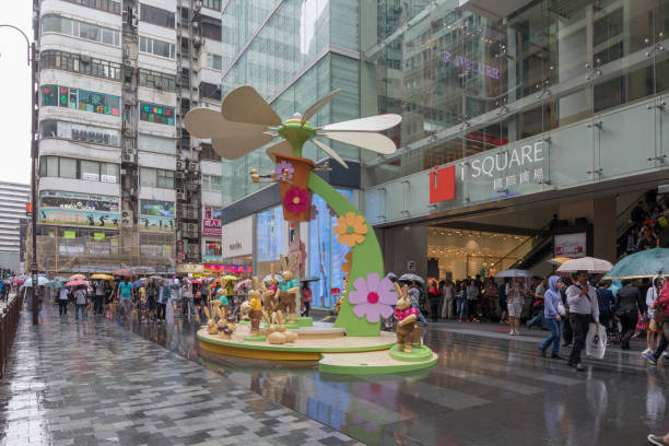 Kowloon, Hong Kong - April 22, 2017: Wooden Rabbits Toys in Front of iSquare Shopping Mall in Tsim Sha Tsui, Hong Kong, China.