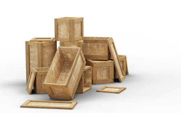 istock Few opened wood transport box with different size put in chaos on the floor 1203386463