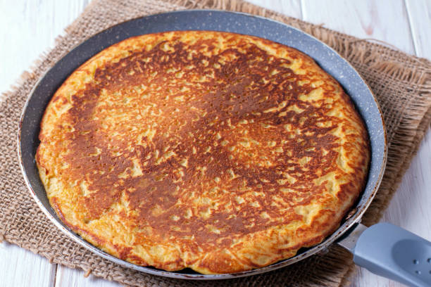 istock Pan with pancake. Cooking pancakes 1203390480