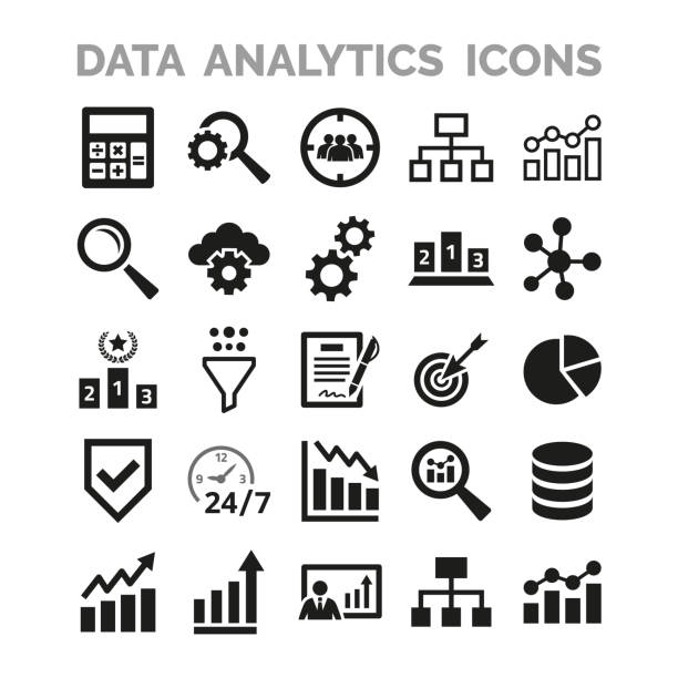 ilustraciones, imágenes clip art, dibujos animados e iconos de stock de iconos de análisis de datos establecidos en fondo blanco. - reducing gear