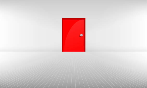 istock Red door on light grey background with leading line to the door 1203391468