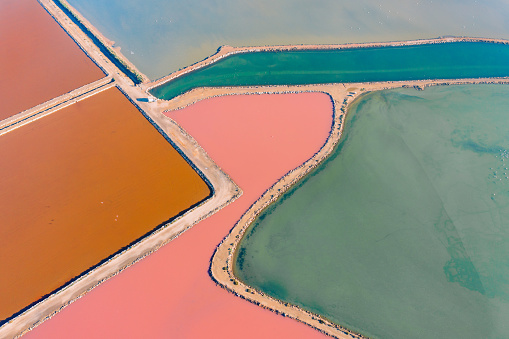 Colorful salt fields and mineral lakes found around the Algarve coast in Southern Portugal and in Southern Spain.