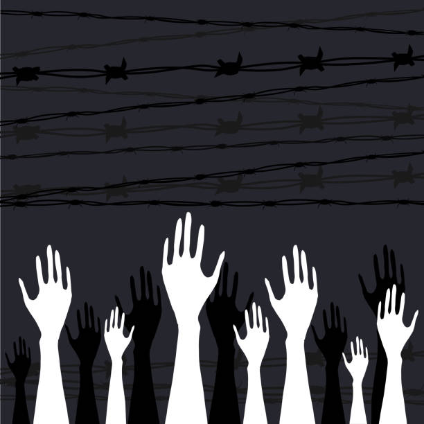 International Holocaust Remembrance Day vector, January 27. World War II Remembrance Day. International Holocaust Remembrance Day vector, January 27. World War II Remembrance Day.Yellow Star of David used Ghetto and Concentration Camps and victims hands silhouettes. nazism stock illustrations
