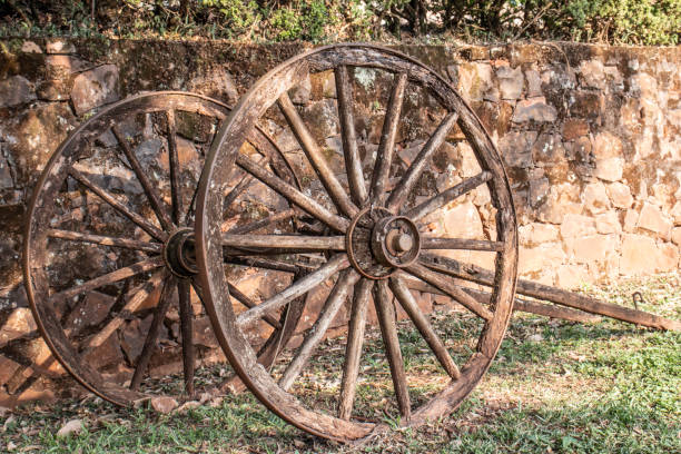 istock wagon wheel parking on grass with stone wall background in Brazil 1203396393