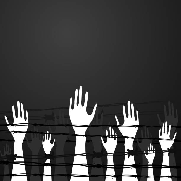 International Holocaust Remembrance Day vector, January 27. World War II Remembrance Day. International Holocaust Remembrance Day vector, January 27. World War II Remembrance Day.Yellow Star of David used Ghetto and Concentration Camps and victims hands silhouettes. nazism stock illustrations