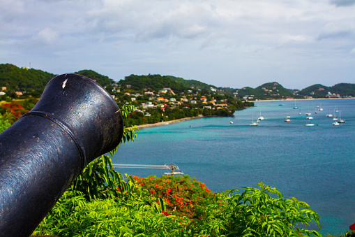 Old canon atop a port overlooking the sea