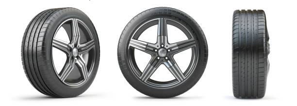 Car wheel on alloy disc with tyre isolated on white. Different points of view.