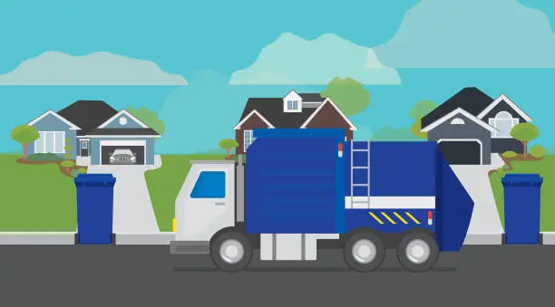 Vector illustration of Garbage truck lifting garbage can on a residential suburban street